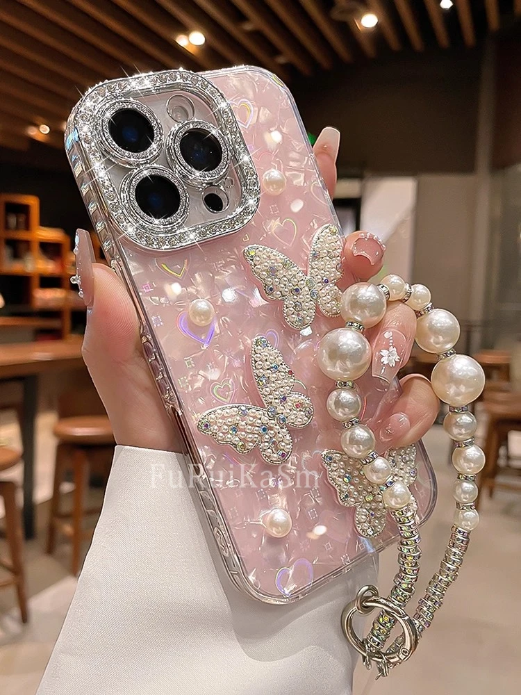 适用苹果17promax手机壳16立体珍珠蝴蝶新款14pro带镜头膜15pro女