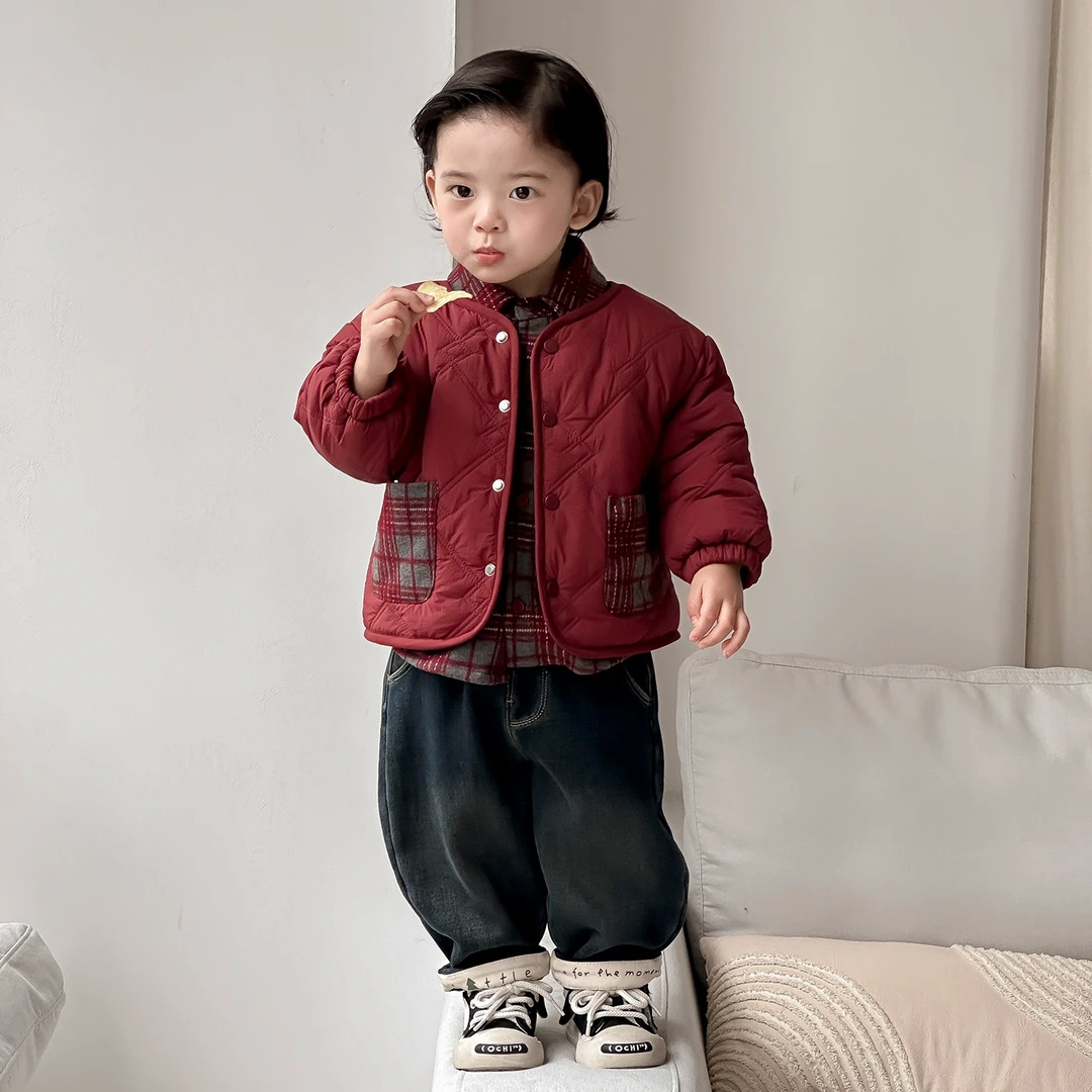 新款婴幼儿绗棉加绒假两件外套套装小童秋冬季宝宝加厚保暖两件套