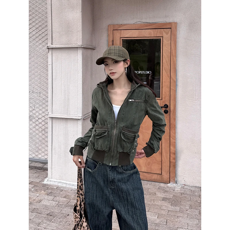 URKR美式复古连帽开衫工装外套女痞帅辣妹短款上衣百搭