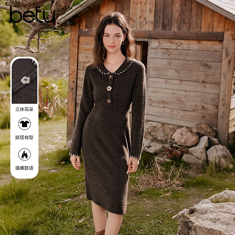 【籽言甄选】Betu/百图显瘦长袖气质新款连衣裙2510T94