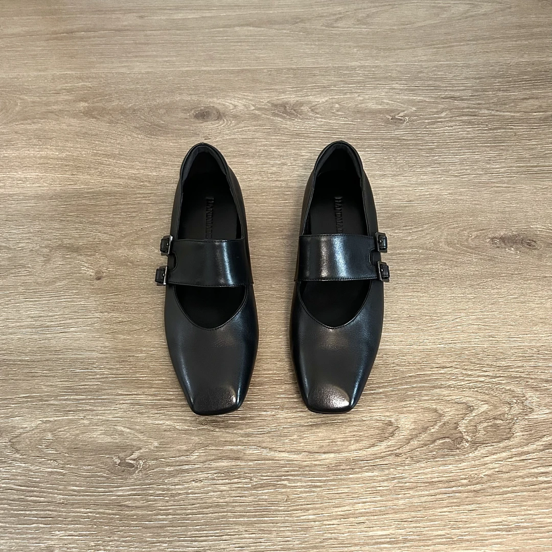 Dannyfrey头层水洗牛皮复古方头浅口英伦风内增高通勤真皮女鞋4CM