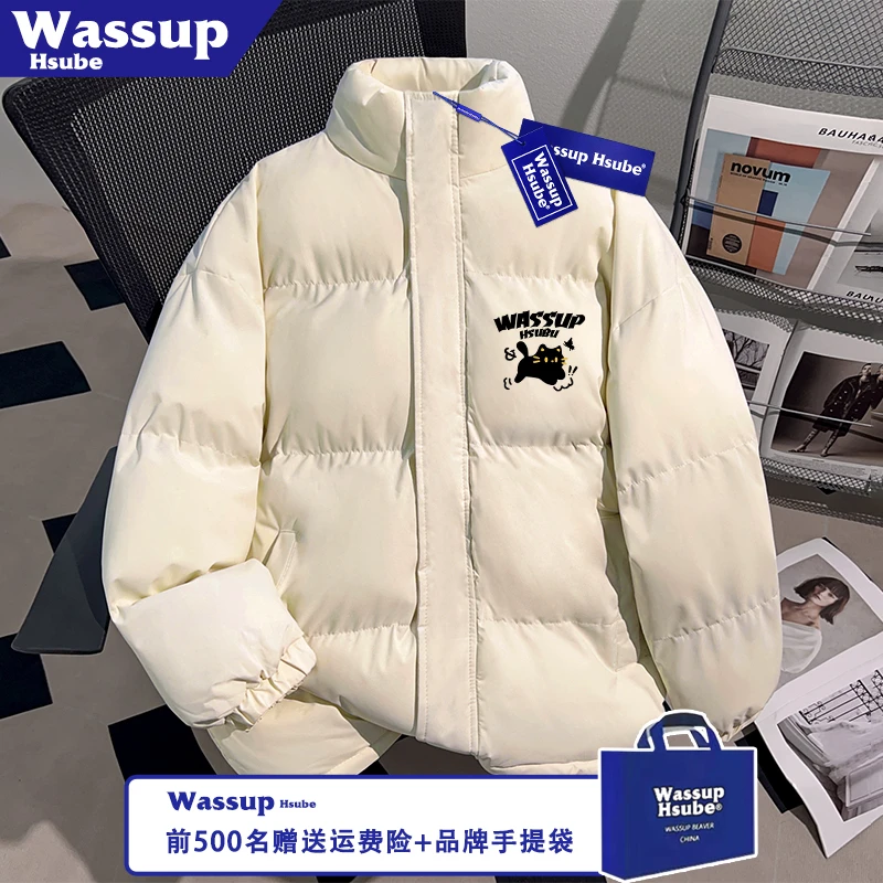 WASSUP HSUBE秋冬加厚加绒米白创意印花男女拉链防风保暖棉服外套