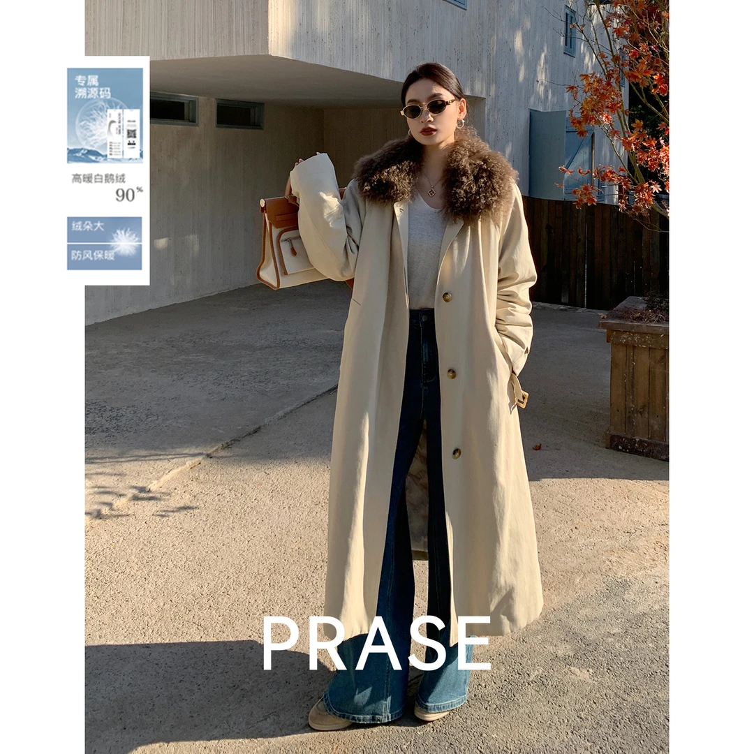 PRASE·噜【加倍温暖】90白鹅绒天丝棉冬滩羊毛领风衣鹅绒服PR510C13