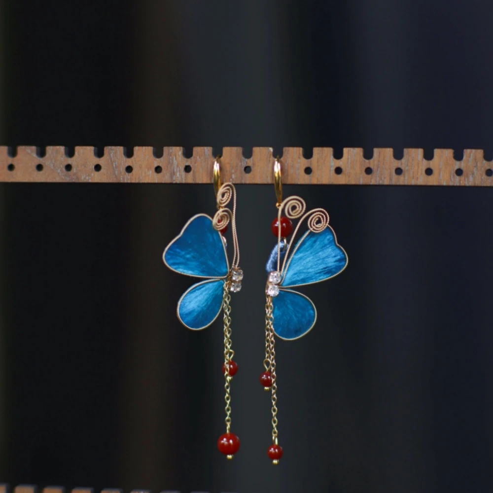 隐木 非金属木质耳饰 【梦蝶】非遗桑蚕丝绒花工艺蝴蝶耳环中式