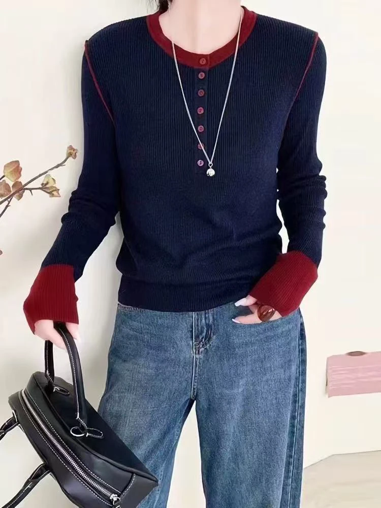 超细针织打底衫女春秋新款撞色休闲百搭套头毛衣8909