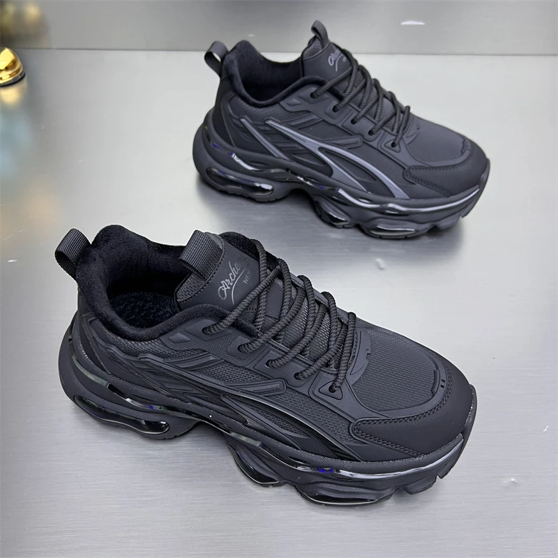 2025冬季加棉新款轻便简约百搭休闲软底男士黑色运动男鞋老爹鞋