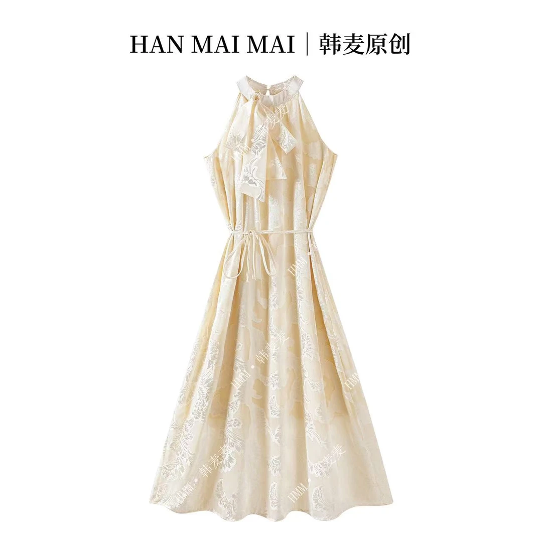 10/夏季新款新中式无袖挂脖连衣裙女宽松海边度假中长裙