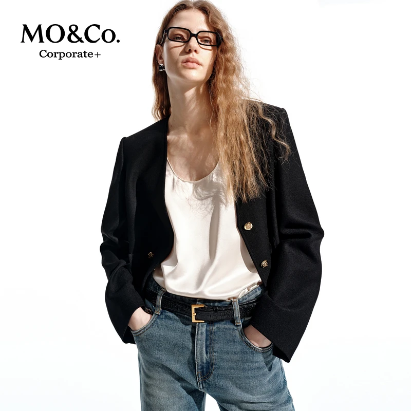 【C+系列】MOCO外套2025春新品绵羊毛丝光绒短款箱型MBE1JKT003