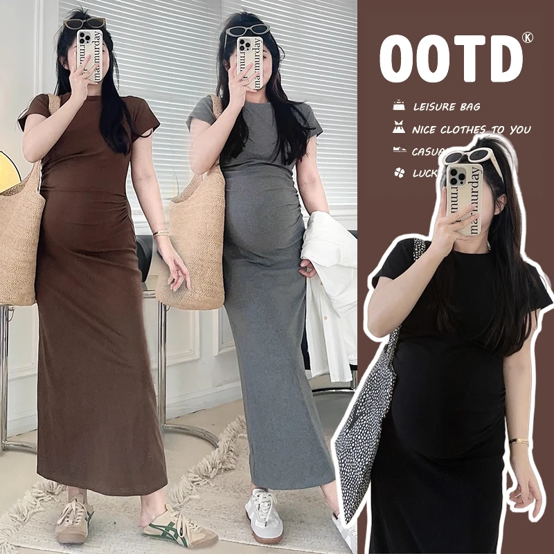 时髦孕妇装新款春夏季褶皱设计辣妹修身直筒短袖中长款衬衫连衣裙