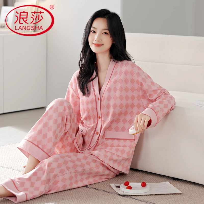 浪莎女款带胸垫2024秋季纯棉睡衣新款爆款长袖长裤开衫套装家居服