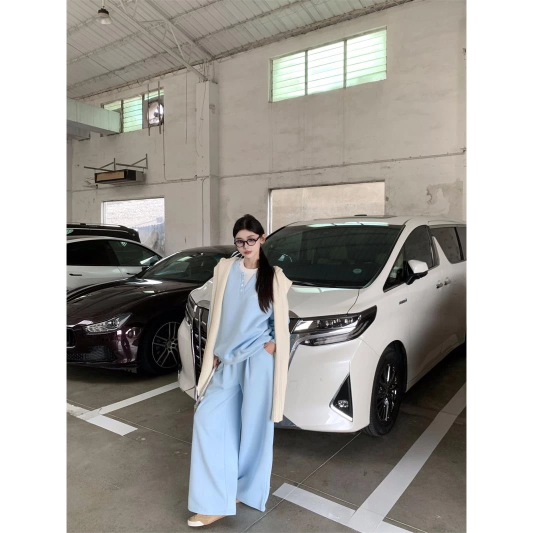 新款时尚时尚套装蓝色假两件长袖卫衣女秋季高腰显瘦休闲裤两件套