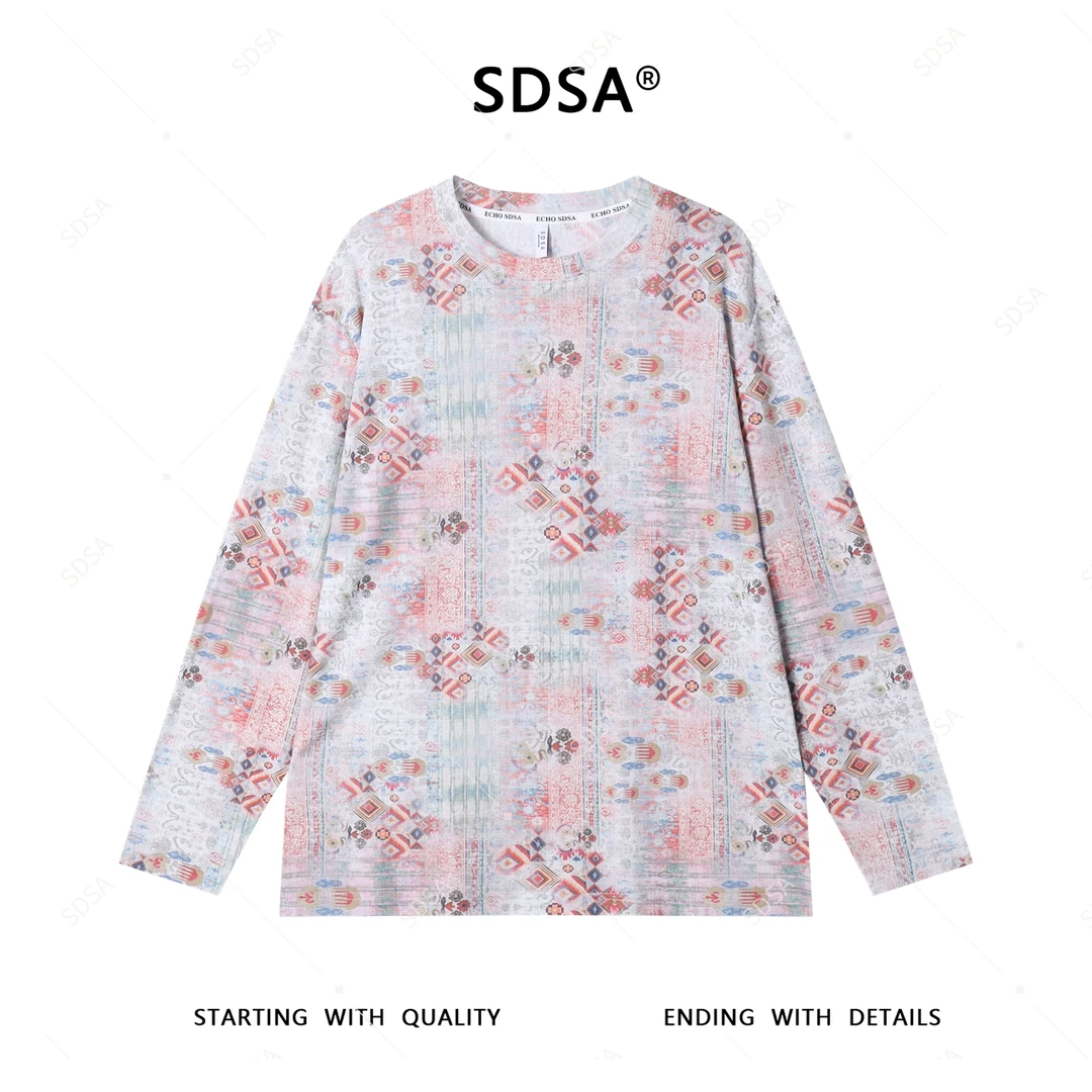 SDSA夏季新款男士痞帅潮牌菱形撞色圆领长袖T恤百搭时尚宽松上衣