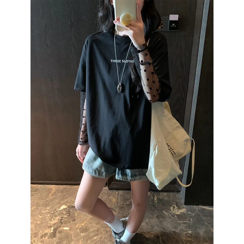 胖mm大码设计感拼接网纱假两件长袖防晒罩衫T恤女装夏季新款上衣