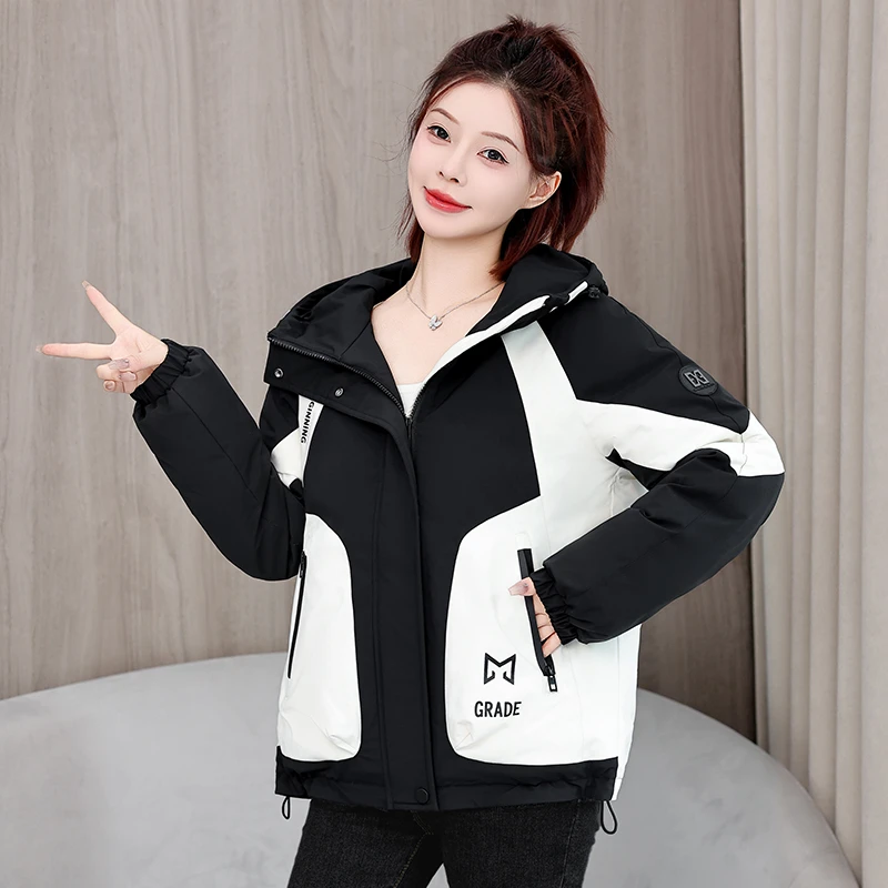 加棉加厚拼色2025冬装新款韩版宽松百搭时尚连帽夹克休闲棉服外套