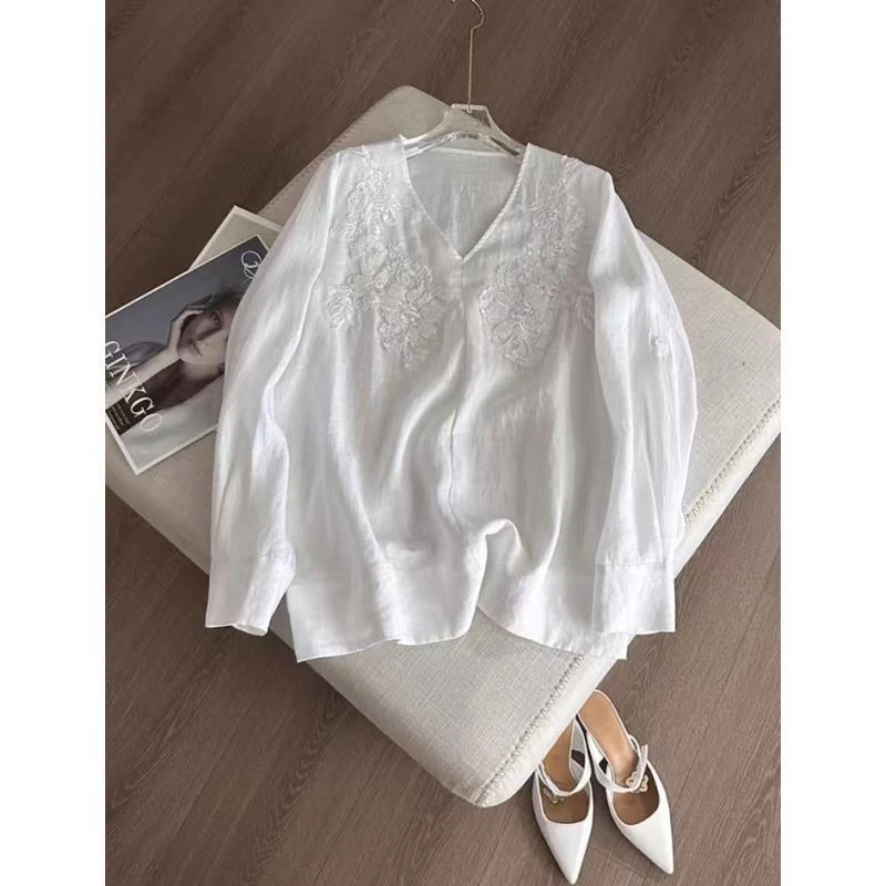 【玲姐】女装夏日潮流复古宽松亚麻白衬衫Q24-12