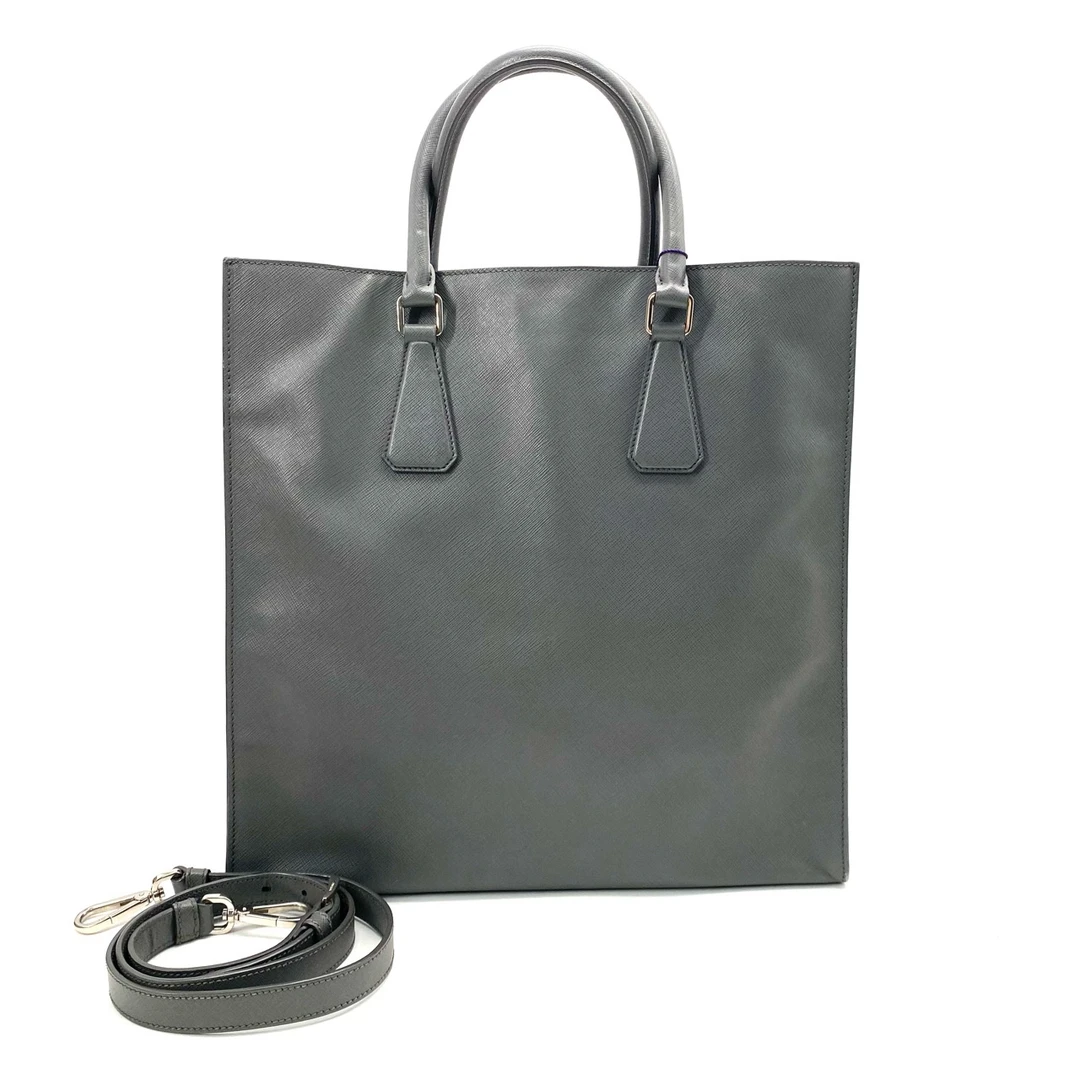 95新 Prada/普拉达 大象灰全皮琴谱托特包 尺寸37/36