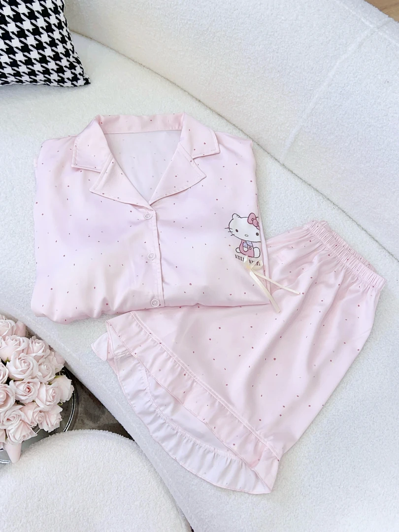 琳心丨春季新款时尚休闲卡通KT小猫短袖衬衣圆点睡衣套装 AL4577