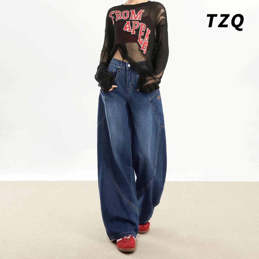 2025秋季新款蓝色美式复古弯刀设计牛仔裤女阔腿裤子TZQ25010669
