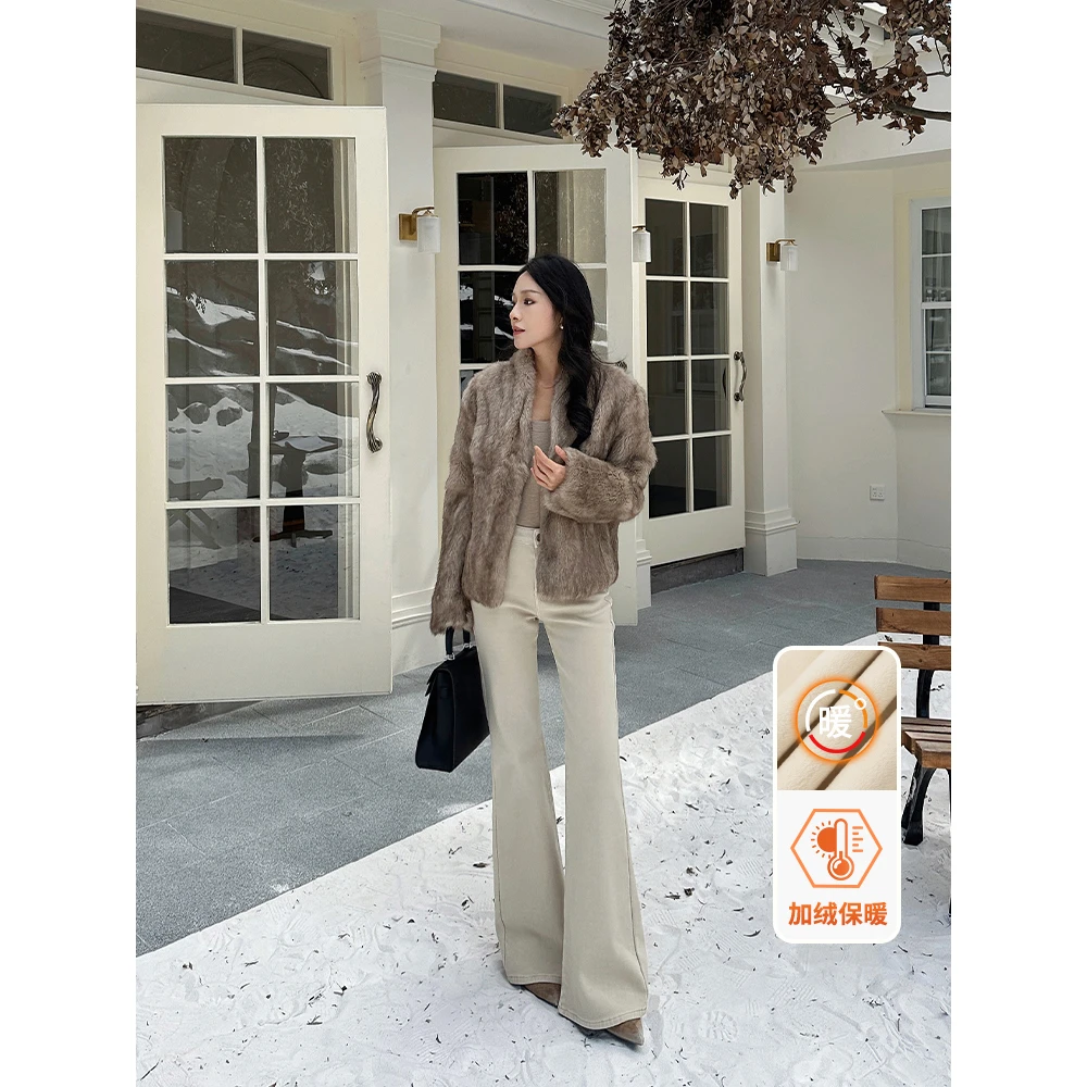 新款高腰微喇女加厚款爆款修身显瘦喇叭裤卡其筒喇秋冬复古女