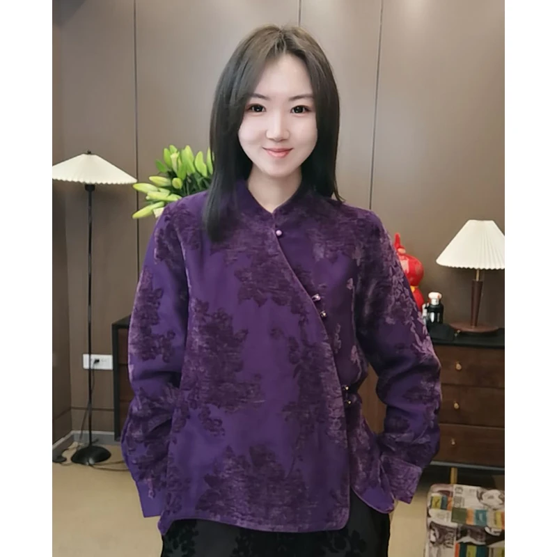 【国潮美学】冬装时尚女士洋气植绒提花斜襟上衣新中式夹棉小衫6861