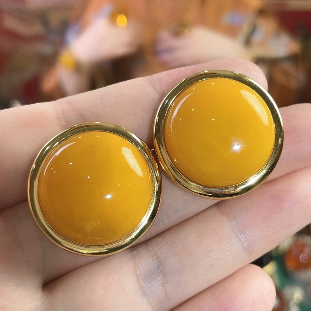 蜜蜡耳钉银S925镀金镶嵌