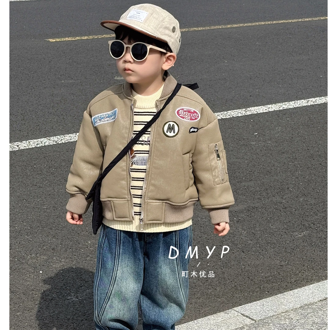【町木优品】儿童男童冬季皮衣百搭纯色贴标一体加绒皮衣 WT363