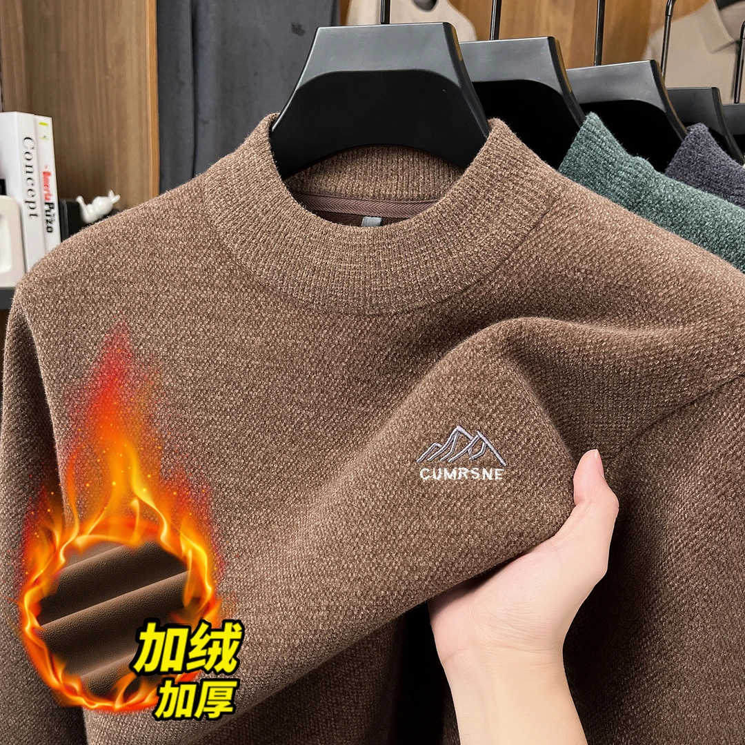 一体绒超厚加绒冬季雪貂绒毛衣男士中年半高领保暖针织衫打底上衣