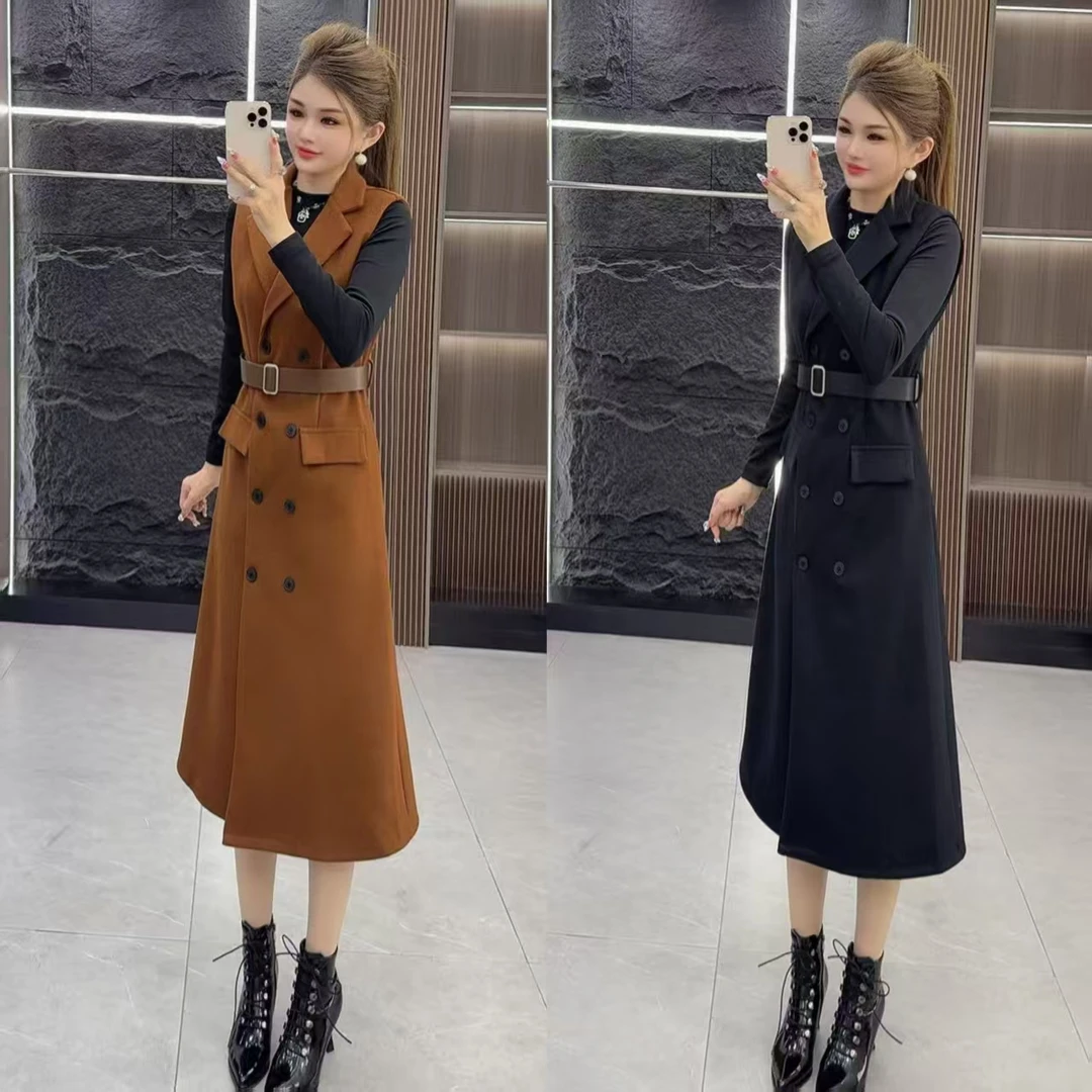 秋冬4611 气质女人剪刀领收腰开衫马甲长裙 加打底衫 两件套