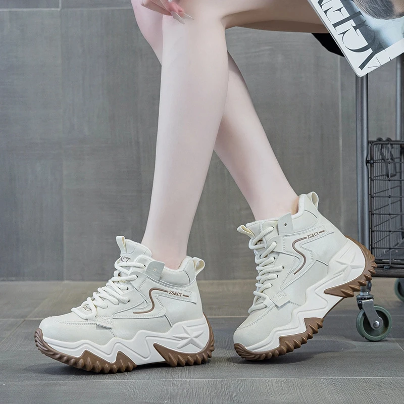 真皮高帮鞋子女7CM新款跑步鞋爆款百搭秋冬季厚底时尚运动休闲鞋