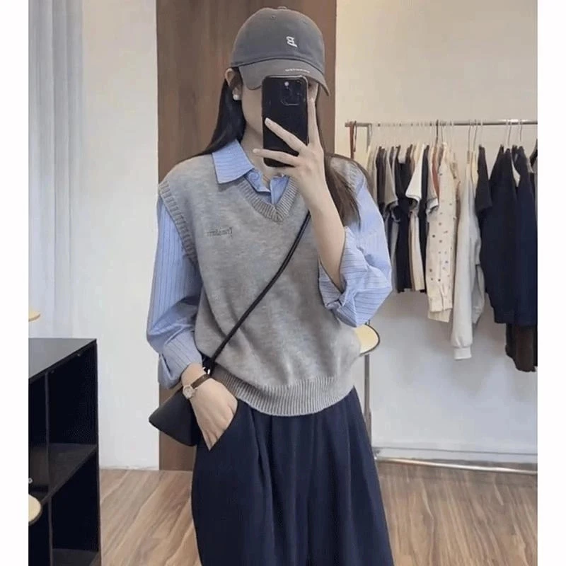 假两件撞色衬衫2025春季新款女装休闲百搭学院风叠穿长袖衬衫上衣