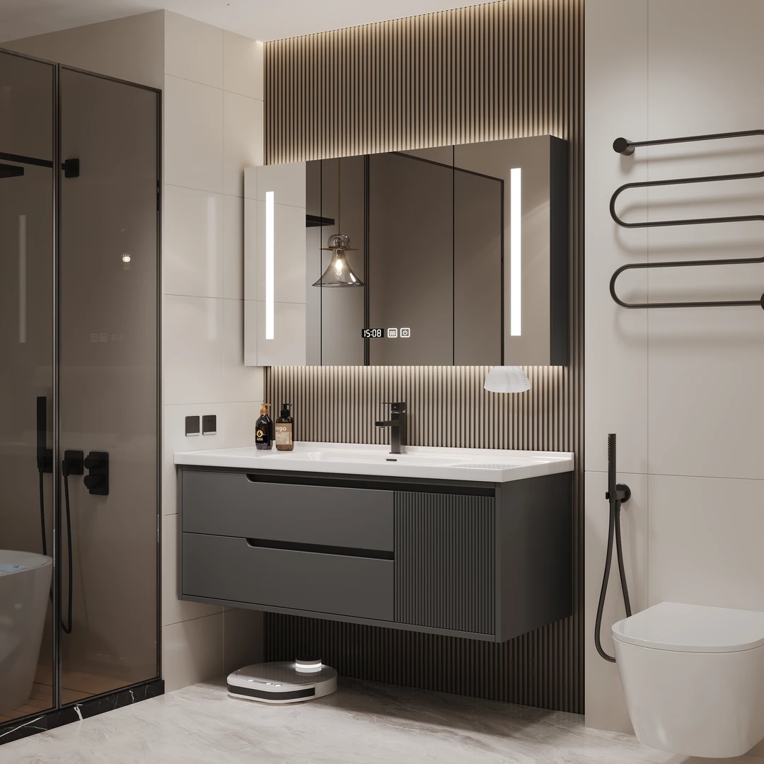 S8620深灰色现代简约智能浴室柜组合实木油漆门陶瓷一体盆洗手台