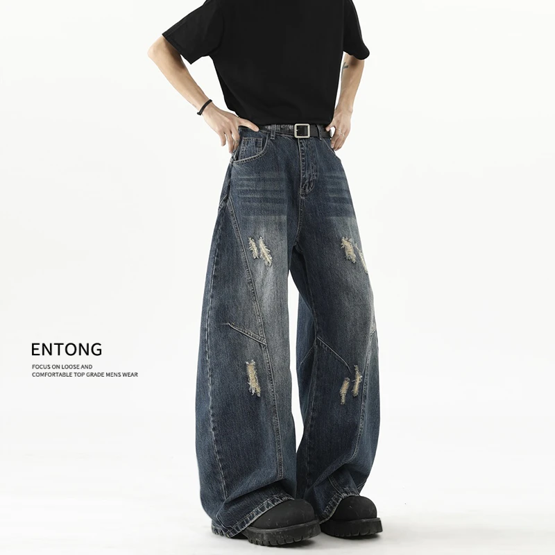 Entong潮牌斜切解构宽松水洗牛仔裤男生复古阔腿小众直筒弯刀裤子