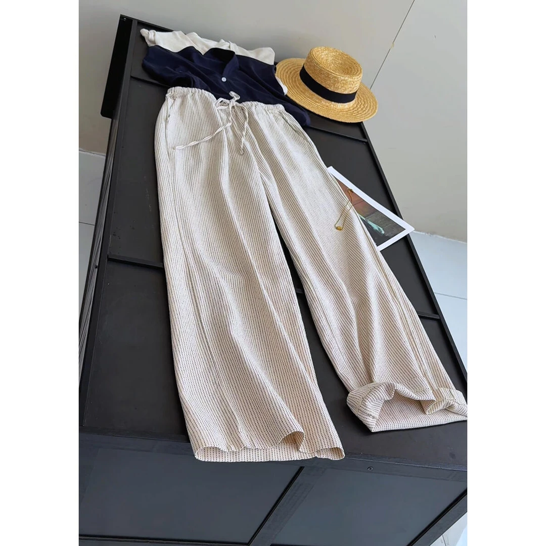 夏季新款法式简约清爽舒适宽松条纹松紧腰休闲直筒裤