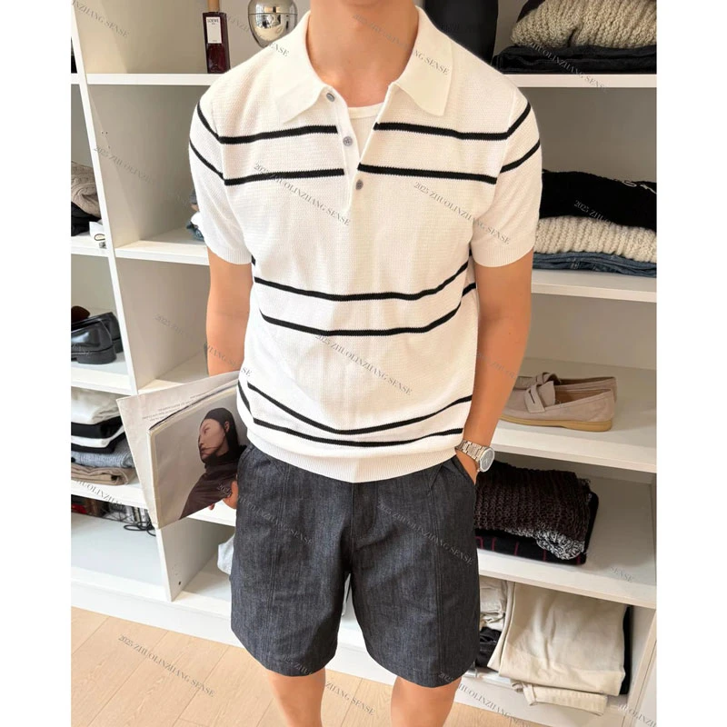 ZHUOLINZHANG /新贵棉纱撞色条纹针织休闲透气柔软舒适短袖polo衫