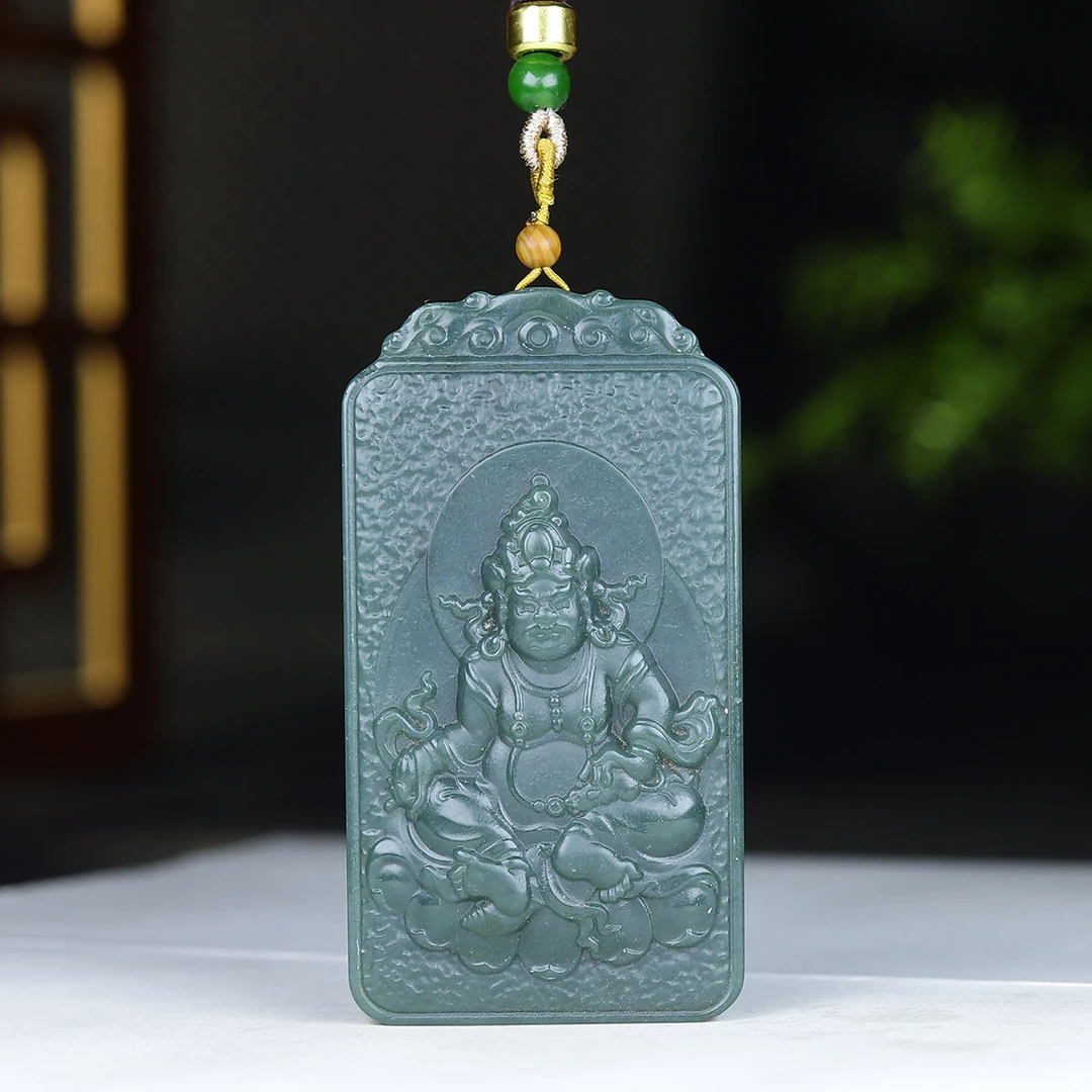 112828和田玉青玉黄财神玉牌