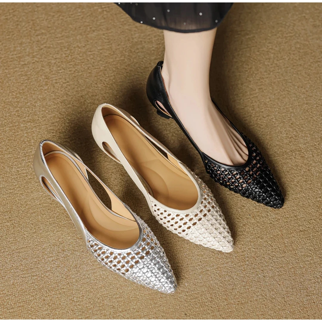 轻奢鞋子法式镂空编织包头凉鞋女春夏透气尖头细跟高跟单鞋