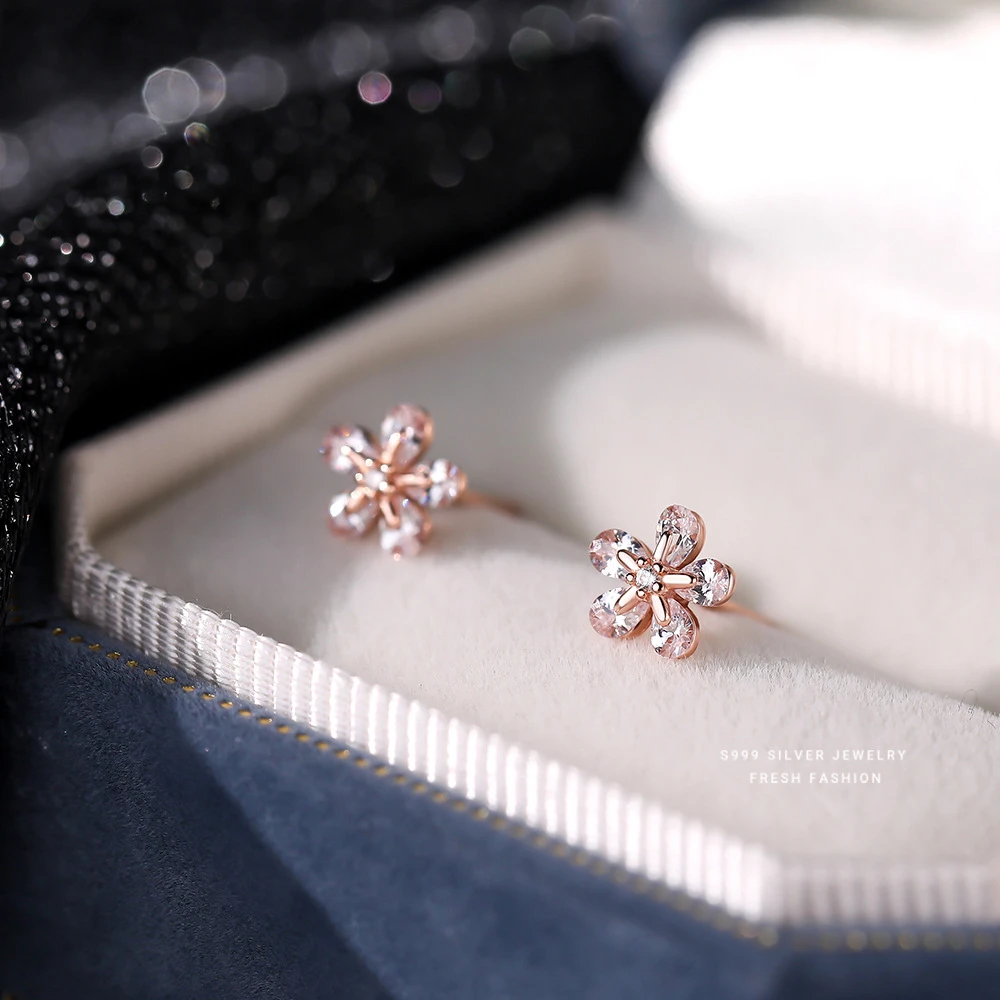 足银耳饰 s999足银小众小花耳钉女简约小巧可爱小清新森系甜耳环