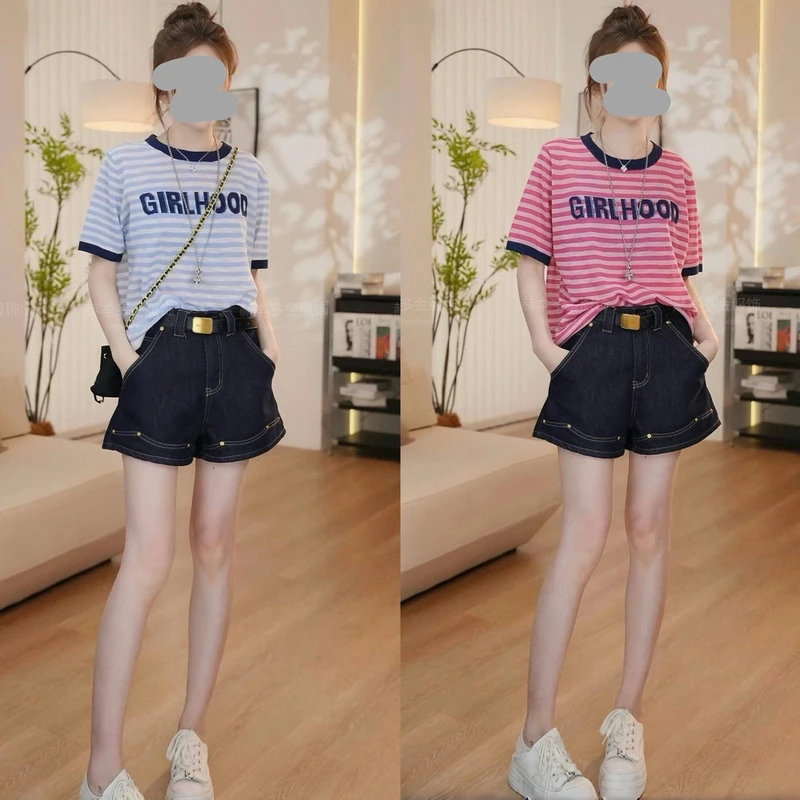 洋气休闲装2025夏季时尚显瘦短袖条纹T恤上衣百搭牛仔短裤套装女