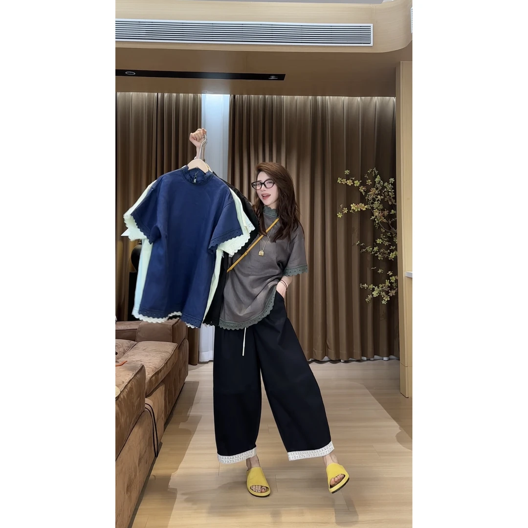 2025春夏小众设计极简宽松蕾丝拼接亚麻T恤 2503C1409