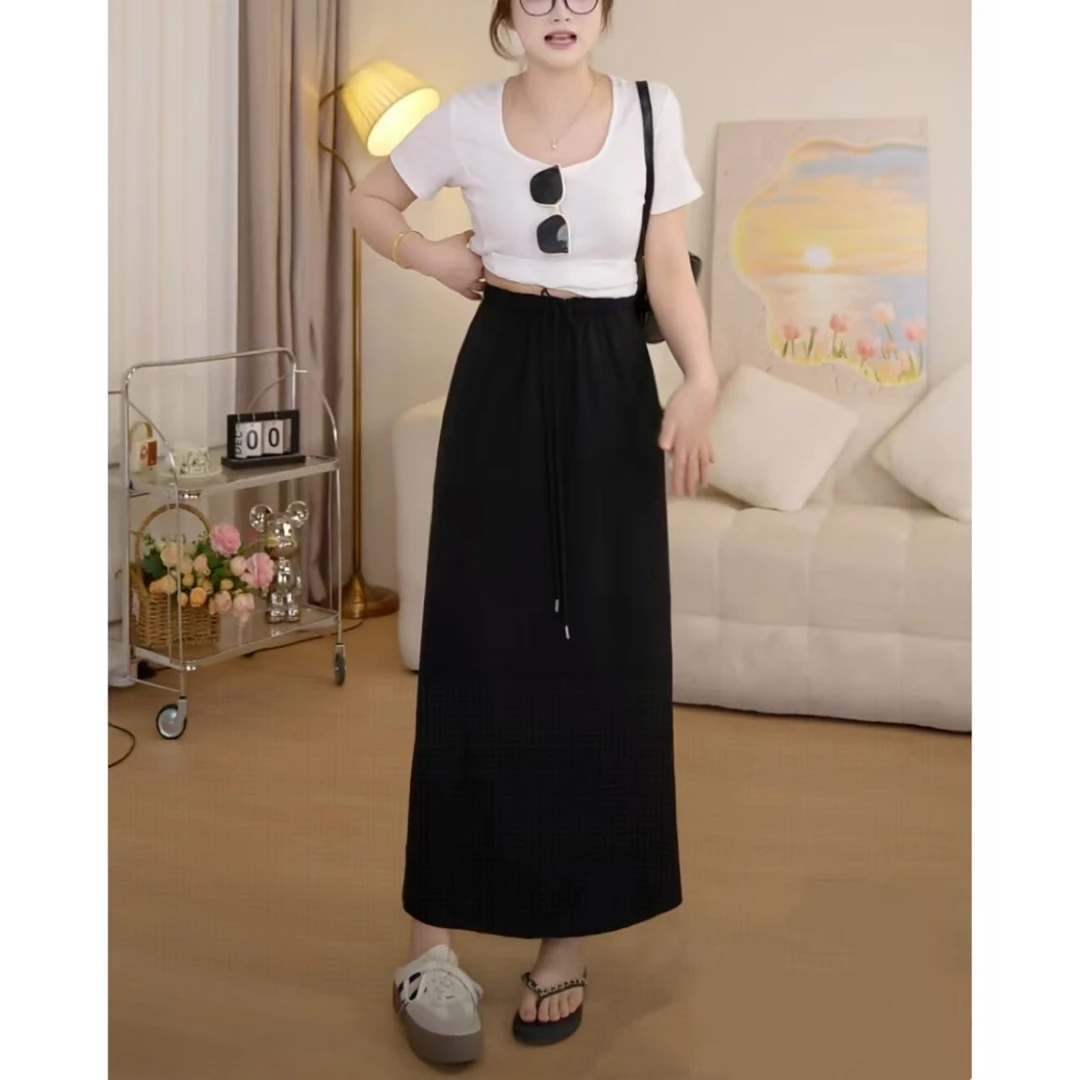 MuMu韩系休闲松紧腰后开衩百搭黑色长半裙WP9913