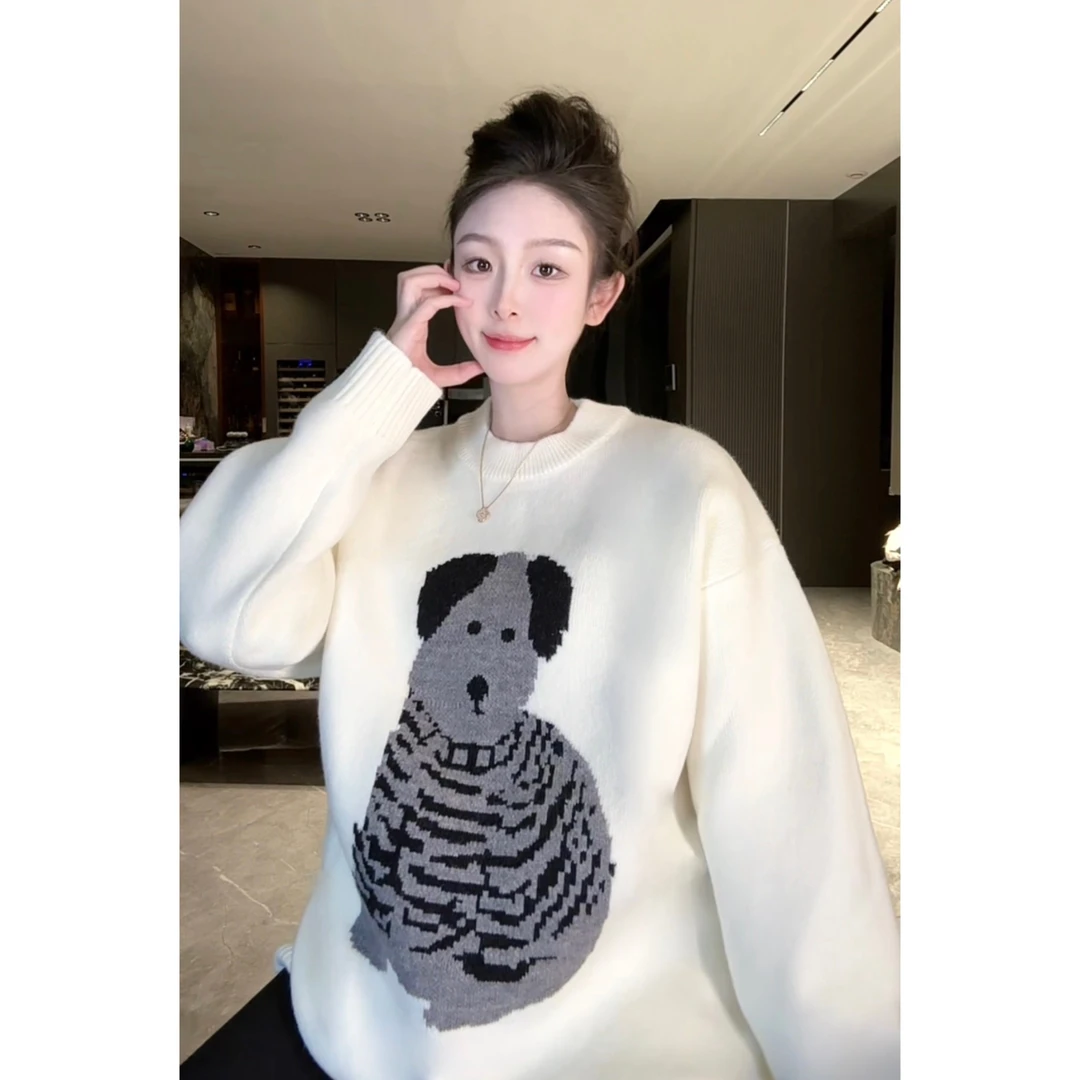 FAND品牌【韩代报纸狗狗】秋冬情侣装加厚保暖狗狗圆领毛衣针织衫