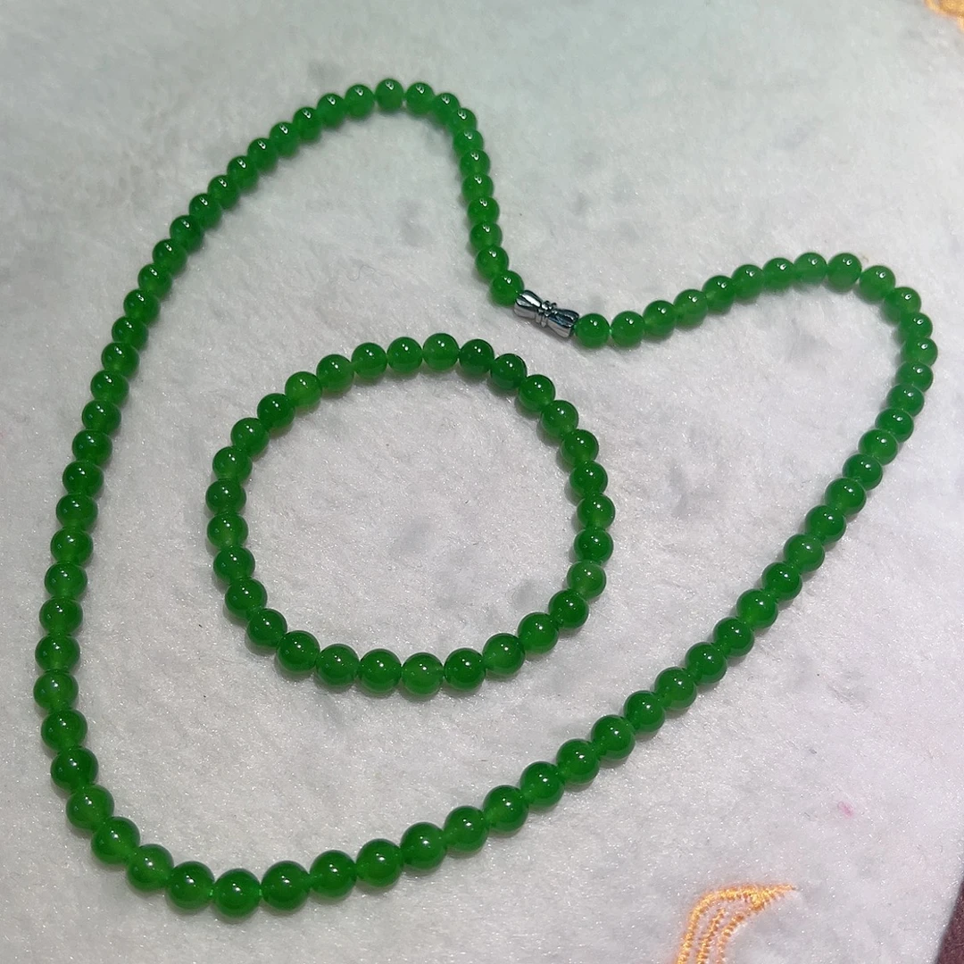 天然和田碧玉套装 冰阳绿 碧玉手链 碧玉项链 尺寸6mm