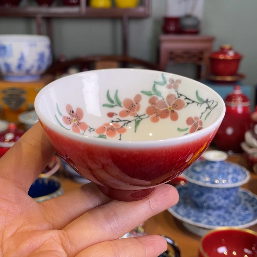 清欢雅玩原矿郎红内绘桃花鸡心杯