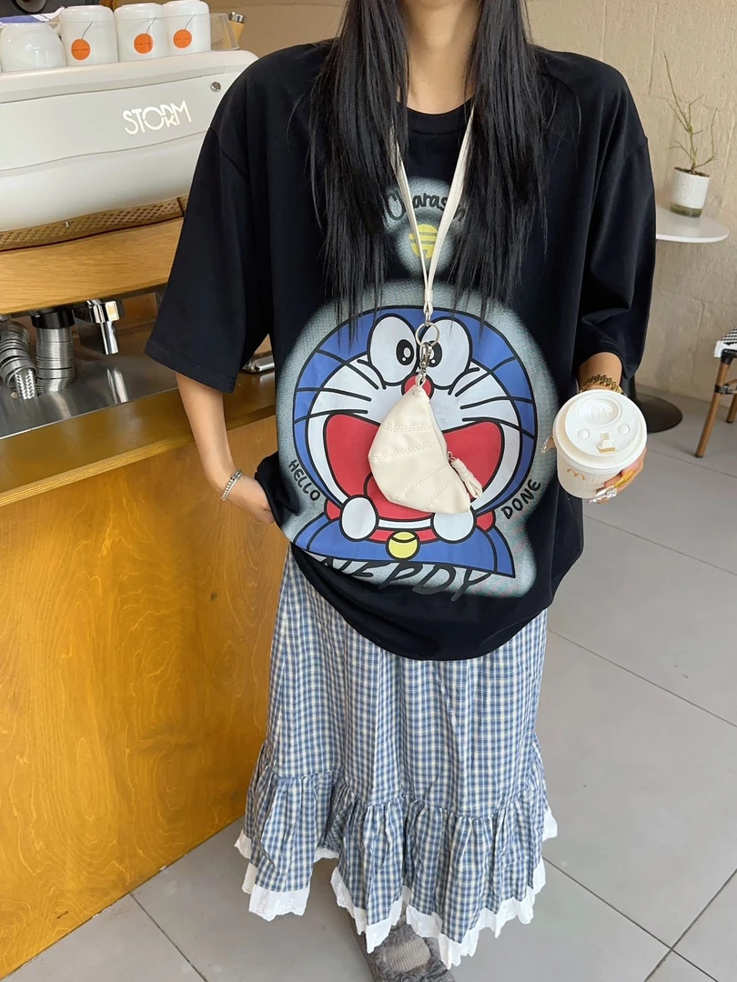 0294【春季新款】前印哇塞蓝胖子慵懒宽松磨毛圆领T恤