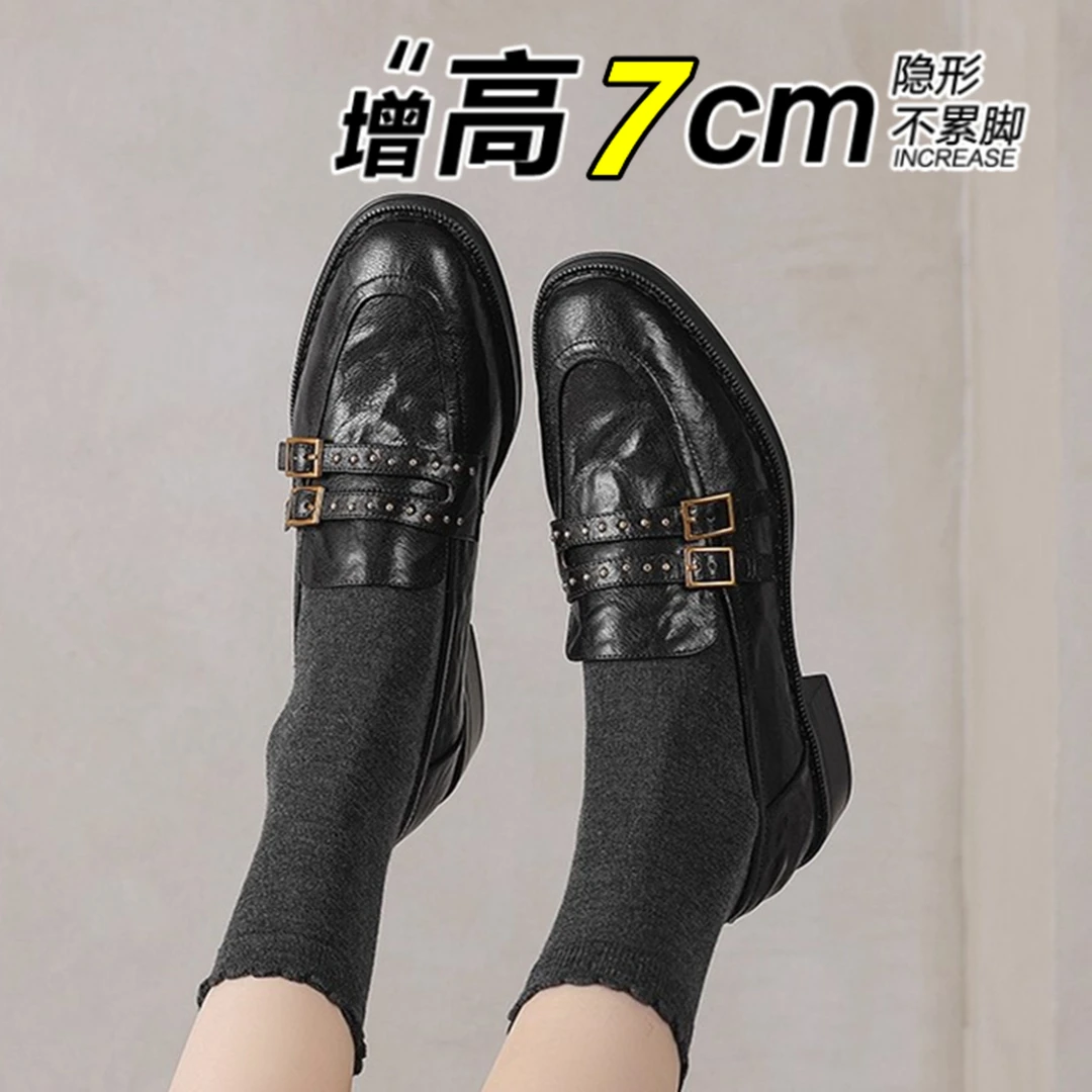 7cm内增高英伦风小皮鞋女2025秋冬季新款黑色一脚蹬粗跟乐福单鞋