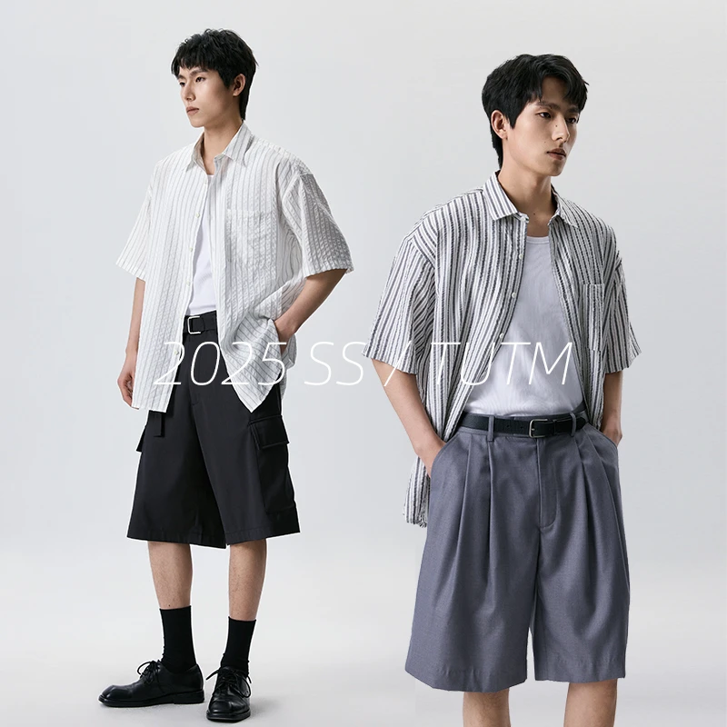 TUTM男装 泡泡纱纹理抗皱易打理面料廓形短袖衬衫男夏季衬衣外套