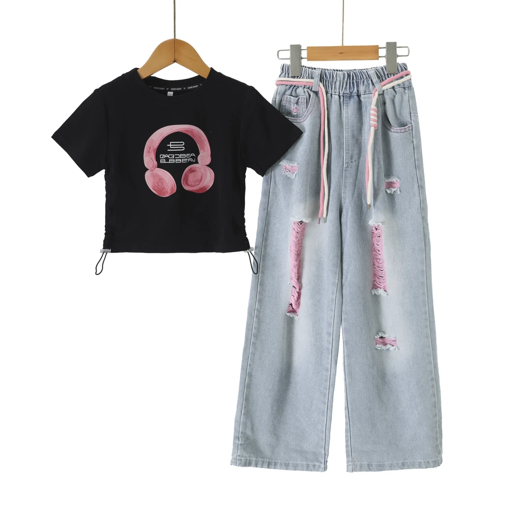 常规纯色森系女印花套头夏季套装阔腿宽松城市机能风