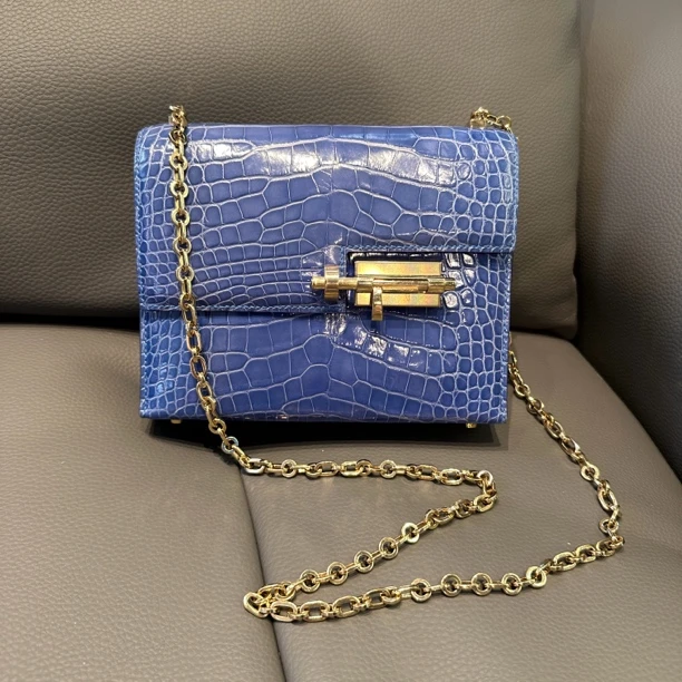 95新 Hermes/爱马仕 蓝色鳄鱼皮插销包 D刻 单肩包