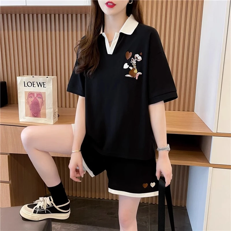 拼色刺绣短袖短裤套装女2025夏季新款韩版宽松大码休闲运动两件套