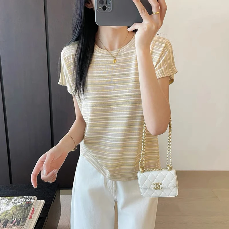 夹色条纹~薄款条纹针织衫短袖T恤蝙蝠袖上衣女夏季24229